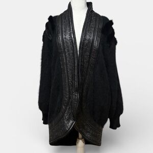 Carter Classics Vintage Angora Knit Cocoon Cardigan Leather Trim Fur Jacket M